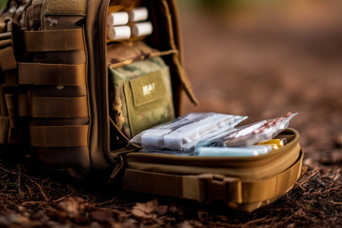 Close-up of a tactical medical backpack (IFAK) fully opened on the ground, neat rows of bandages and hemostatics, Life-Saving Gear, pixel camo background, soft natural light with e
