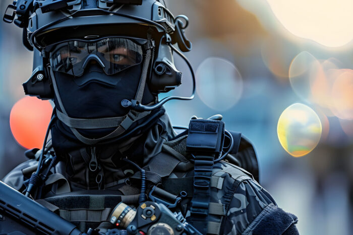 A SWAT officer in full tactical gear on duty for emergency response A glimpse into their critical role. Concept SWAT Operations, Tactical Gear, Emergency Response, Critical Role, Law Enforcement
